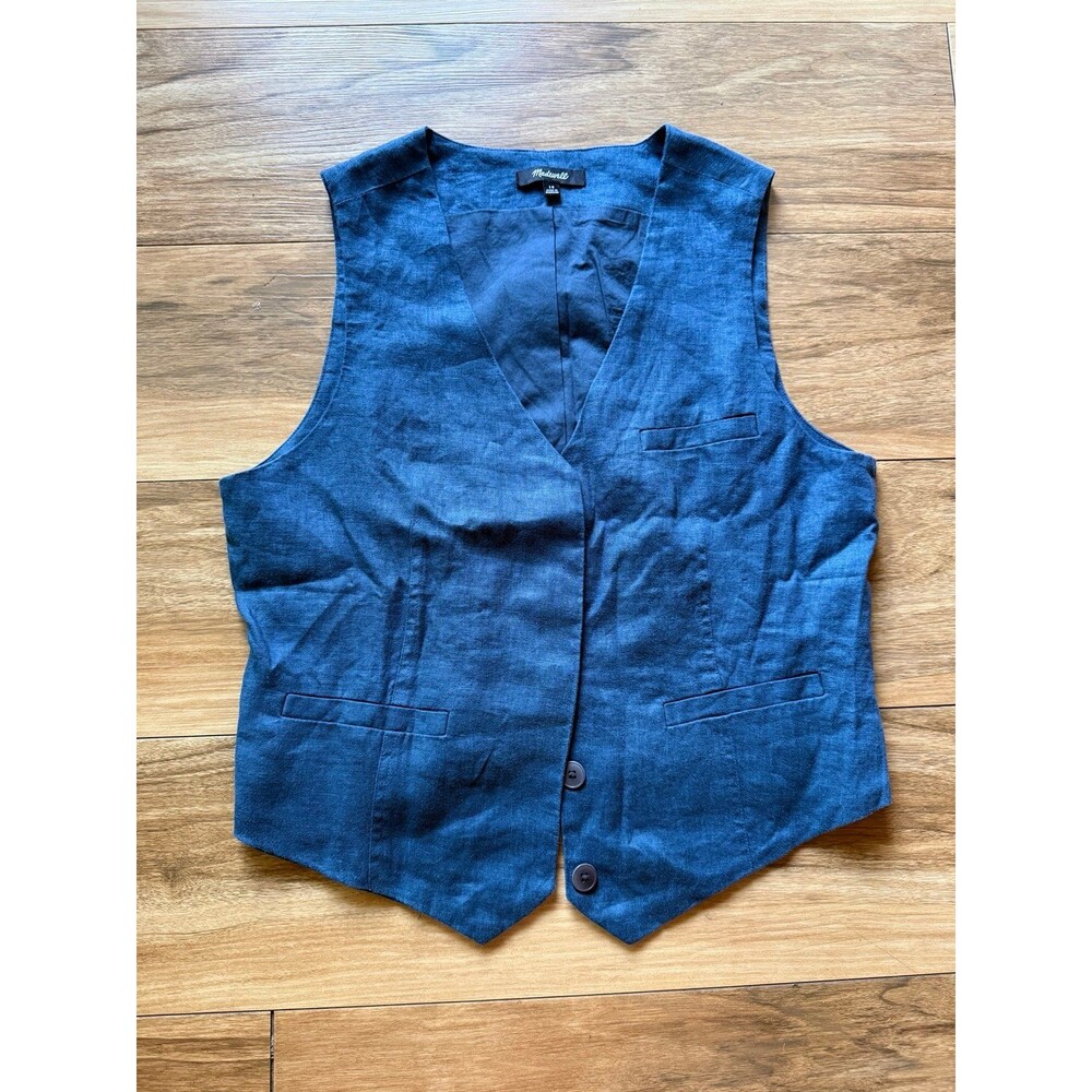 Madewell Tailored Single Breasted 100% Linen Vest size 10 Deep Shadow Blue